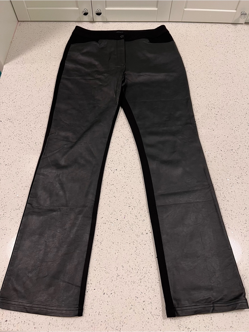ORLY Faux Leather Front Ponte Knit Pants Black Straight Leg Size 12